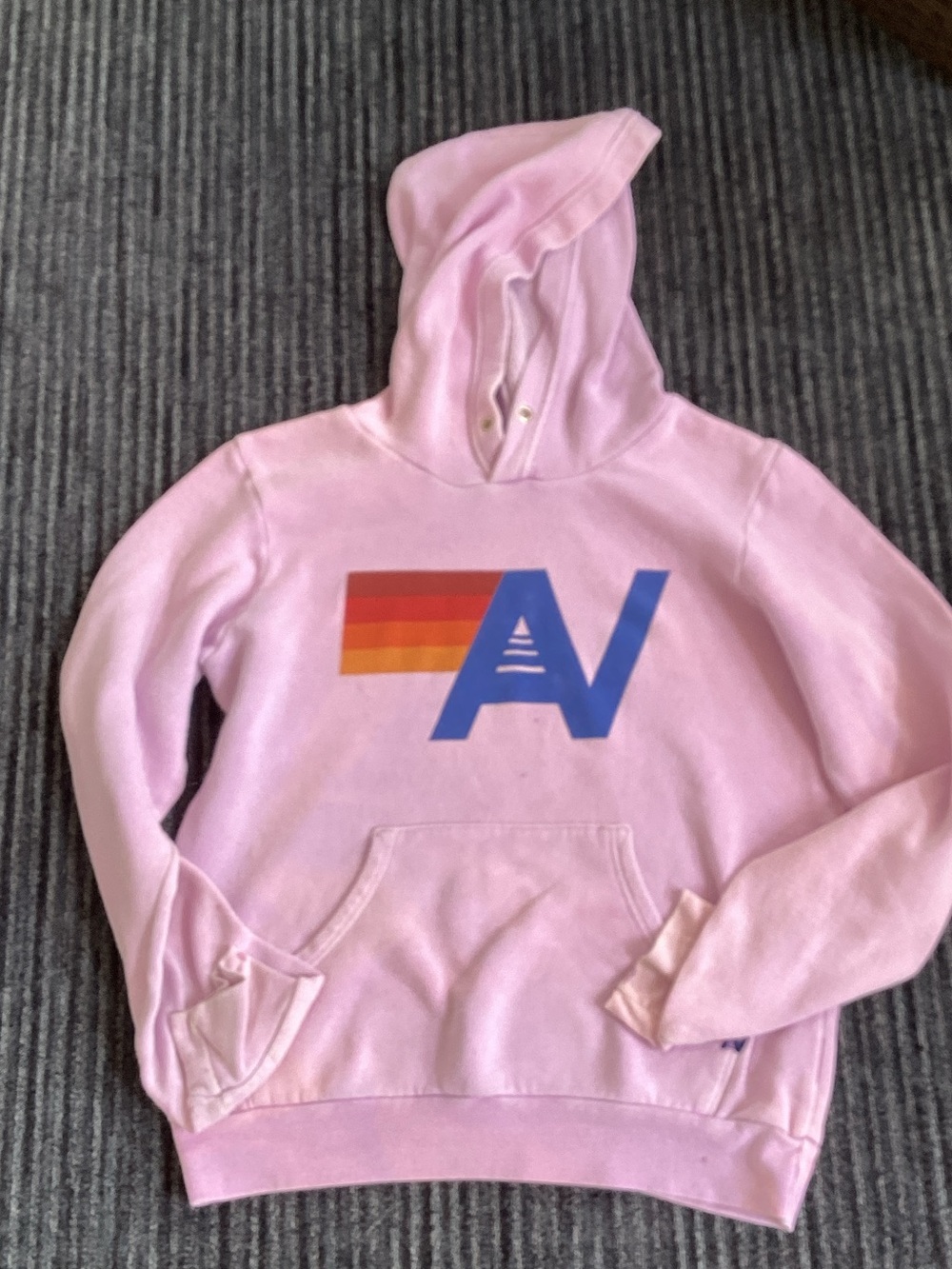 Aviator Nation Pink Hoodie with Blue Logo and Rainbow Stripe with some stains